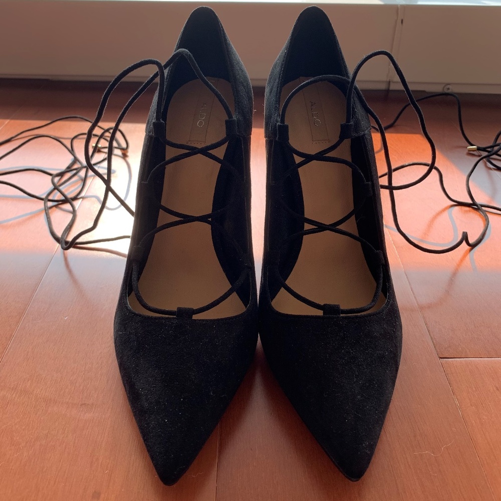 Aldo Lace Up Black Suede Heels Size 8.5